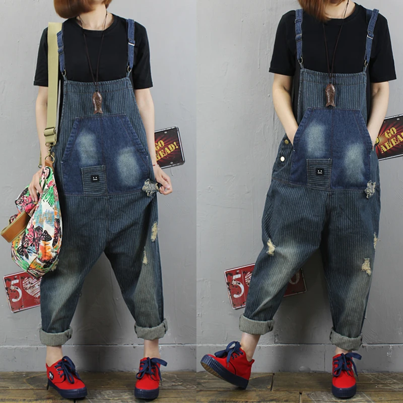 Free Shipping 2019 New Fashion Overalls Sleeveless Denim Loose Jumpsuits And Rompers With Pockets Stripe Holes Women Trousers