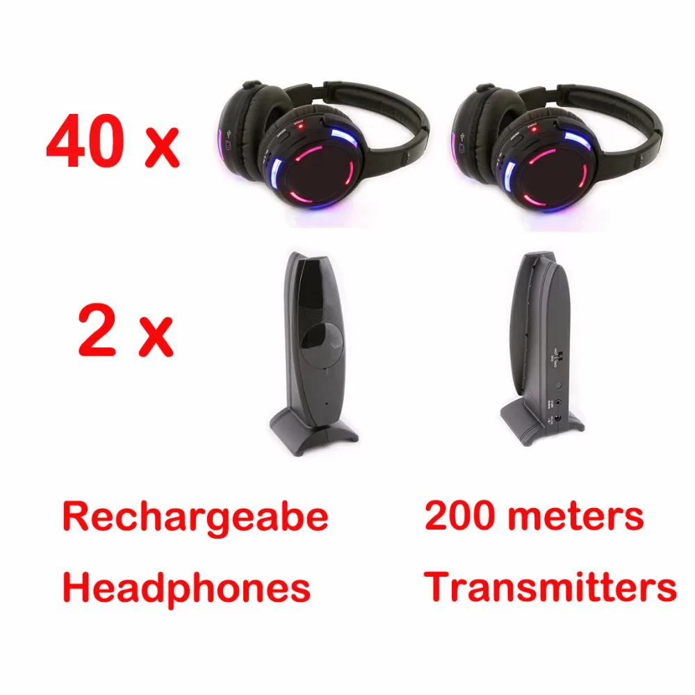 

Professional Silent Disco System 40 LED Flashing Headphones with 2 transmitters- RF Wireless For iPod MP3 DJ Music