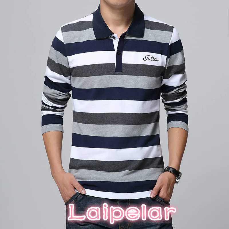 

High Quality Autumn Men's Stripe Embroidery T-shirt Letters Print Long Sleeved T-shirt Lapel Shirt T-shirt Large Size 5XL