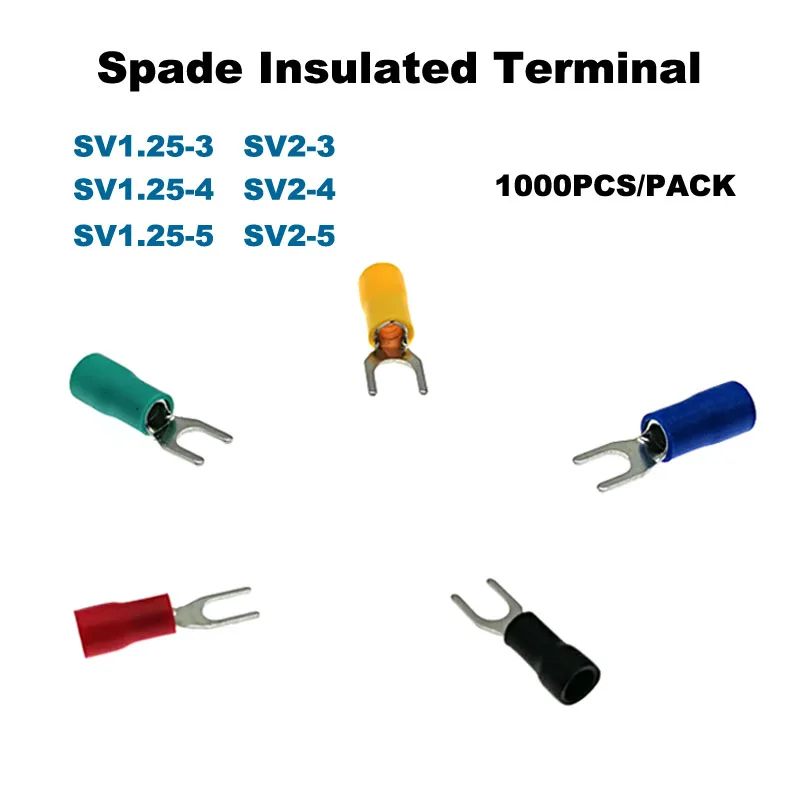 1000Pcs Spade Insulated Furcate Crimp Terminal Electrical Wire Connector SV1.25-3~SV2-5 Cable Lug Ferrules 22-10AWG 0.5-2.5mm2