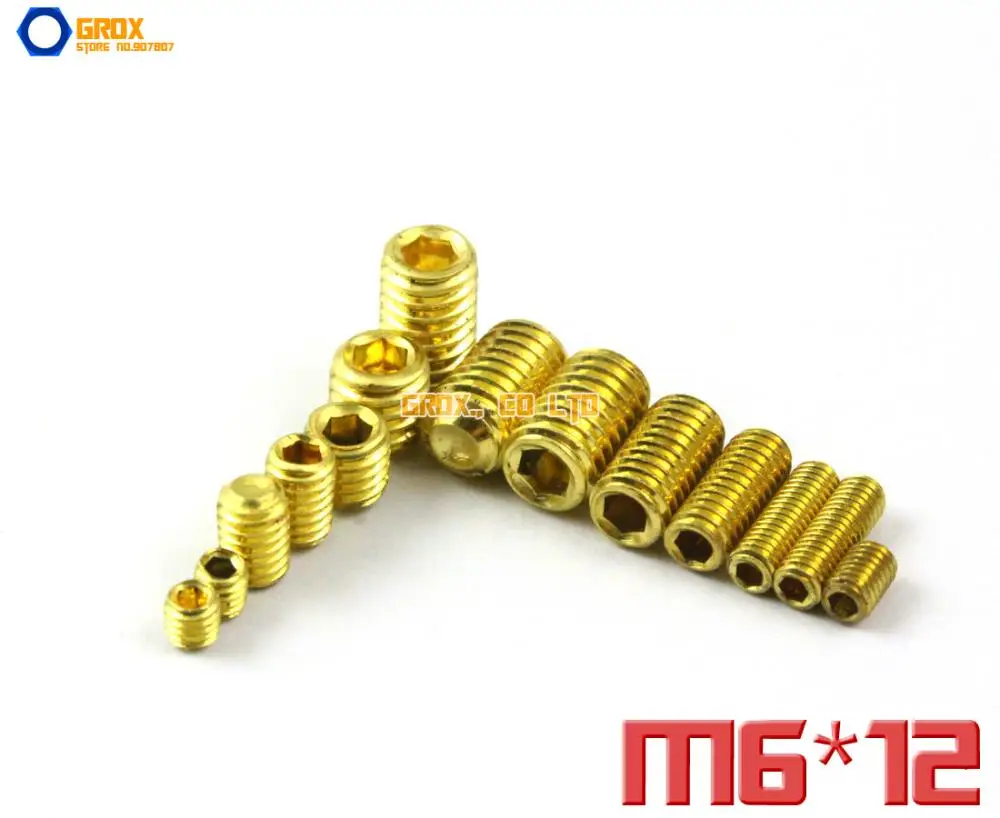 

50 Pieces M6 x 12mm Brass Grub Screws Cup Point Hex Socket Set Screw