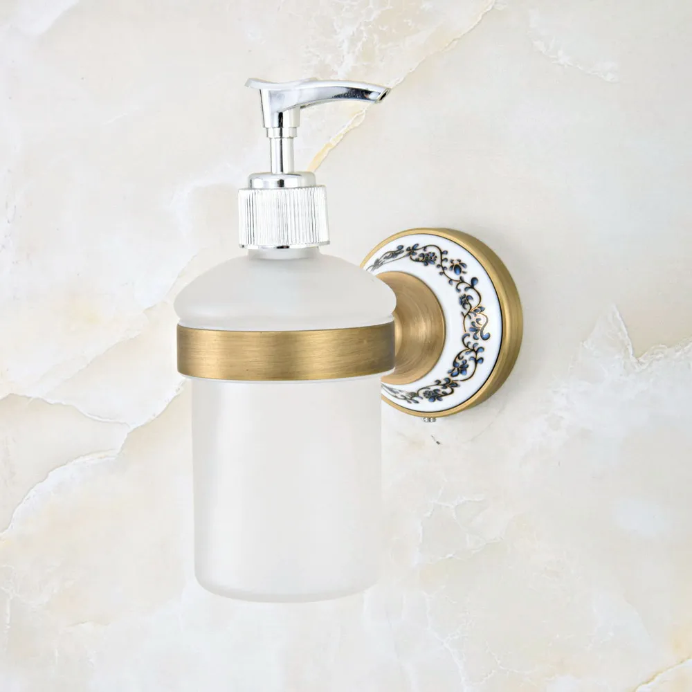 Imagem -06 - Antique Brass Casa de Banho e Cozinha Garrafa de Vidro Fixado na Parede Dispensador de Sabão Líquido Dispensadores de Sabão Titular Rack Mba814