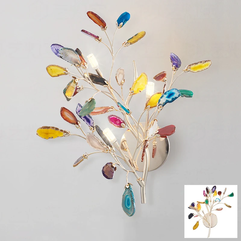 

Modern decorative art flower LED wall light lamp sconce bedside golden tree branch leaf agate color glass wall light lamp LED