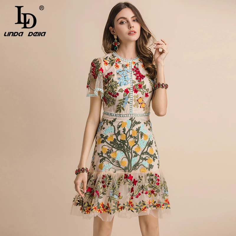 

LD LINDA DELLA New 2023 Fashion Runway Summer Dress Women's Flare Sleeve Floral Embroidery Elegant Mesh Hollow Out Midi Dresses