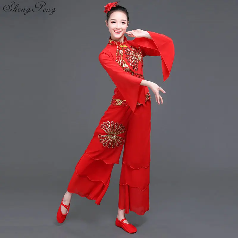 Chinese folk dance classical costumes ballroom dance competition dresses Chinese traditional costume women red Q357