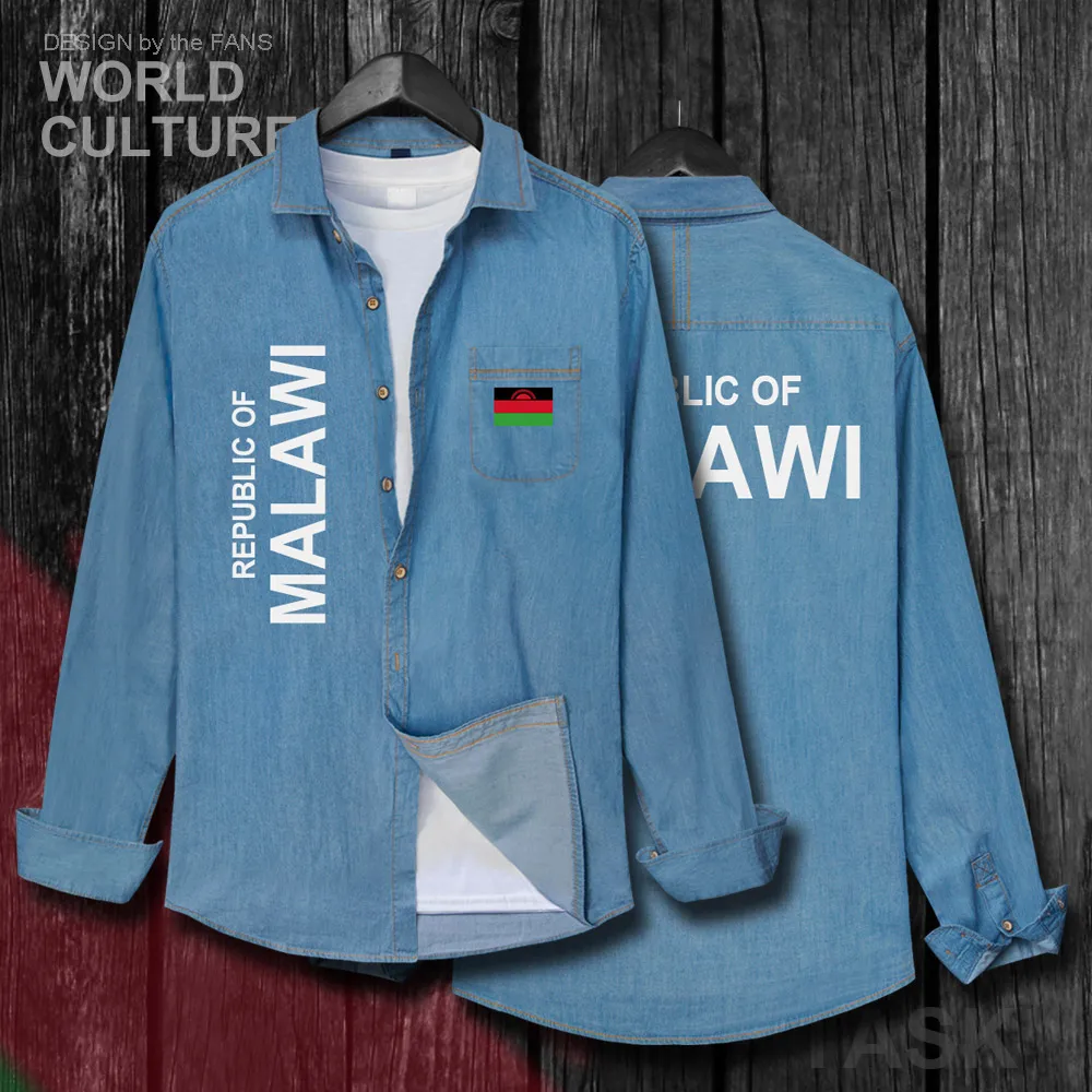 

Malawi Nyasaland Malawian MW MWI Men Flags Clothes Autumn Cotton Long Sleeve Cowboy Coat Fashion Turn-down Collar Jeans Shirt