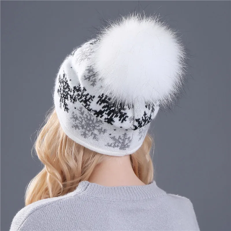 Xthree Real Mink Pom Poms Wool Rabbit Fur Knitted Hat Skullies Winter Hat for Women Girls Hat Beanies Christmas snow Hat