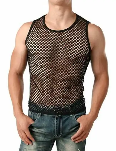 Laki-laki Panas Melihat Melalui Mesh T-Shirt Pakaian Tipis Memakai Transparan Singlet