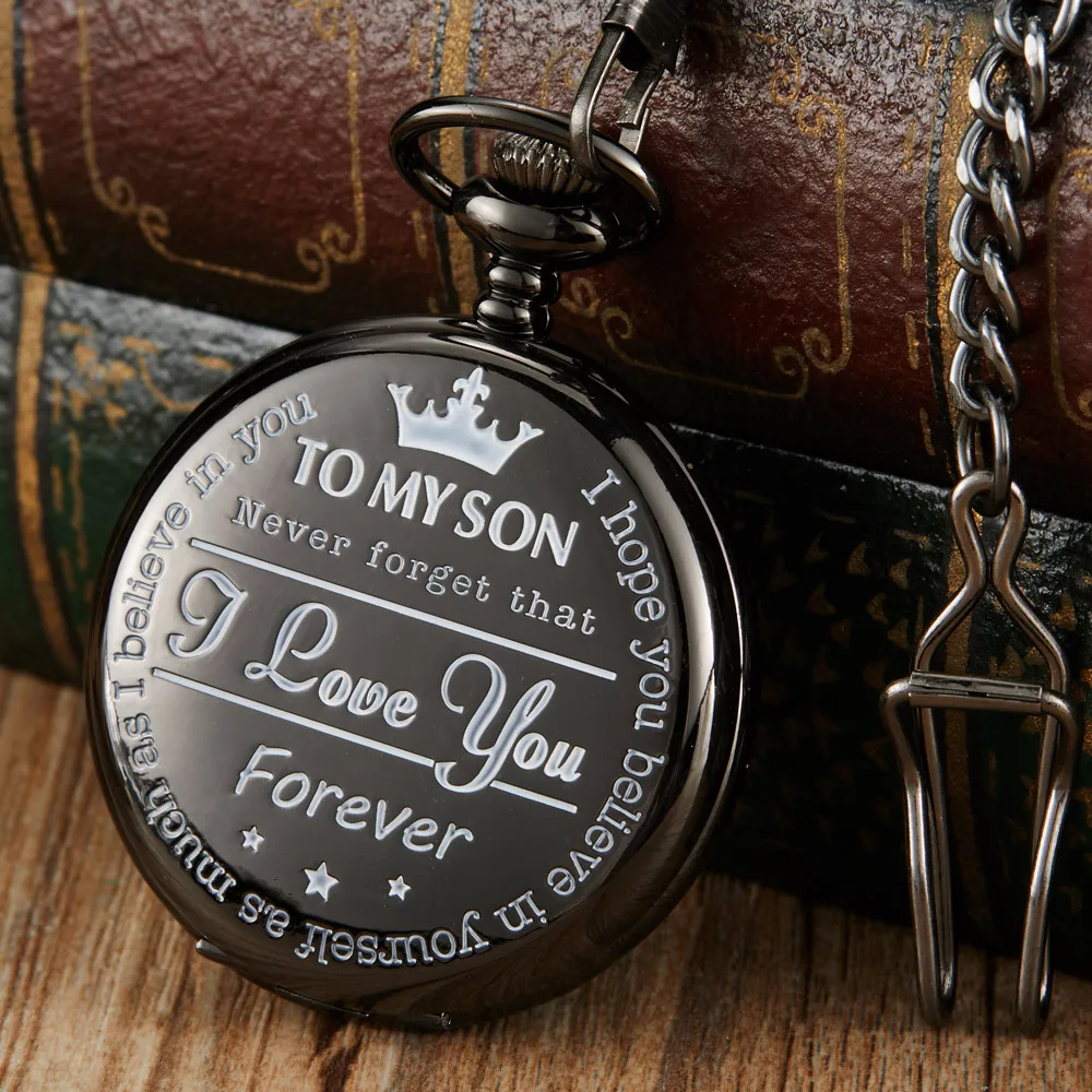 

SIX type To My Son "I Love You" Quartz Pocket Watch Boyfriend Pendent Necklace Black Fob Chain Clock Best Gift Children Kid Boys