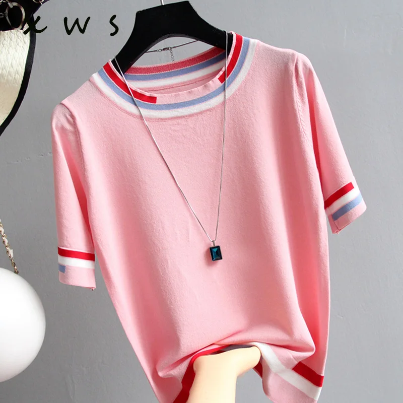 Casual Tees Women Knitting Tops patchwork short sleeve Ladies Shirts Summer sweaters Female Pullovers Pink White Loose