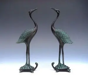 

Collectible Vintage Pair Bronze Crafted Sculptures Crane Standing On Turtle bronze craft Copper sculpture home decoration