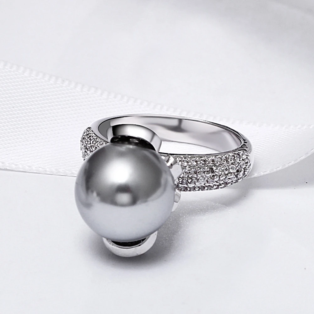 DreamCarnival 1989 Brand New Elegant Wedding Ring for Women Grey Pearl Micro Cubic Zircon Paved Jewelry Party Must Have WA11530