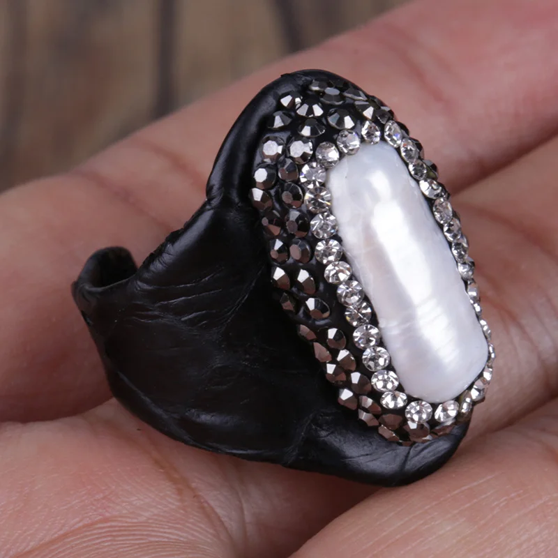 big freshwater pearl bead charm pave rhinestone in grey black pink green snake leather Wrap open rings cuff adjustable unisex