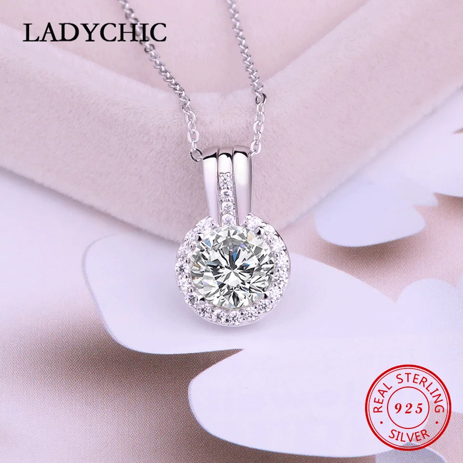 

LADYCHIC Authentic 100% 925 Sterling Silver Movable Women Pendant Necklace Shining Luxury Clear Zircon Necklaces Jewelry LNS1012