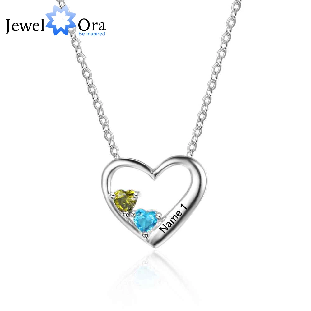 

Personalized 925 Sterling Silver 2 Birthstone Necklace Pendants Engraved Heart BirthStones Necklace Mom Gift JewelOra NE101877