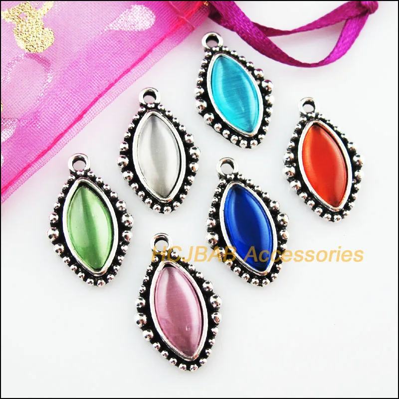 

12Pcs Tibetan Silver Oval Eye Mixed CatEye Stone Charms Pendant 14.5x23.5mm