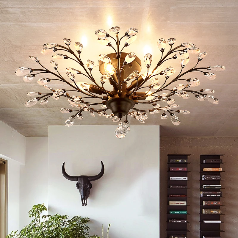 NEW American country iron crystal Ceiling Lights North European art creative restaurant study bedroom living room lamp FG711