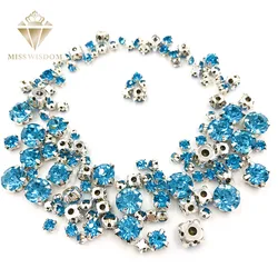 Hot sale Garment beads 100pcs/pack Mixed size Lake blue glass crystal sliver base sew on rhinestones diy clothing accessories