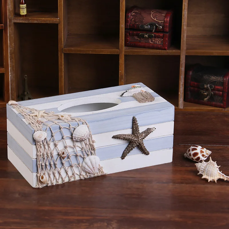 Mediterranean style creative home decoration sea creatures wet wipes tissue box wooden toilet box paper storage boxes