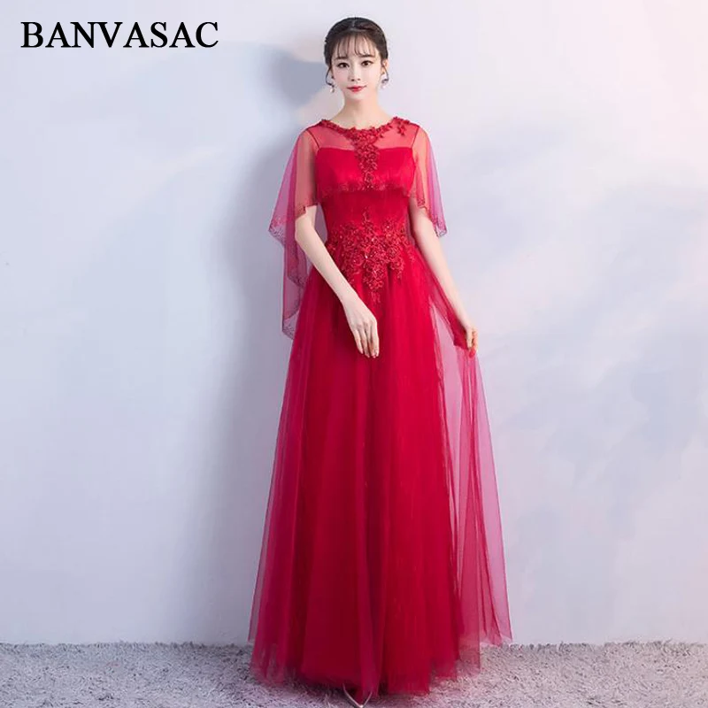 

BANVASAC 2018 Sequined O Neck A Line Lace Appliques Long Evening Dresses Party Crystal Illusion Half Sleeve Prom Gowns