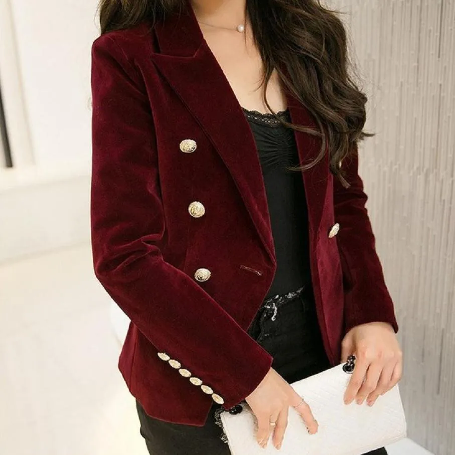 M-2XL fashion 2023 autumn female Korean Slim was thin velvet leisure suit solid color double-breasted jacket w1085