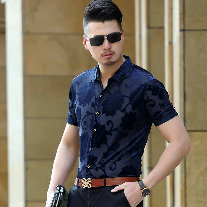 

Hot 2017 summer new fashion sexy Mens floral clothing short sleeve Transparent slim dress shirts