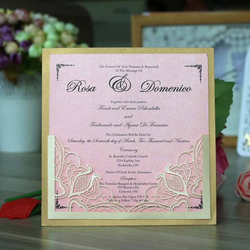 

Gold Laser Cut Wedding Invitations Romantic Lace Invitation With Pink Insert Cards - Set of 50 pcs