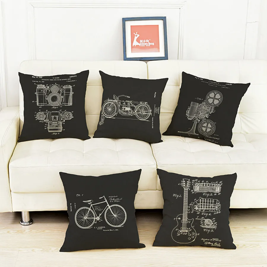 Simplism Style Design Black White Cushion Cover Sketch Bicycle Guitar Vintage Motorbike Print Home Decor Sofa Throw Pillow Case