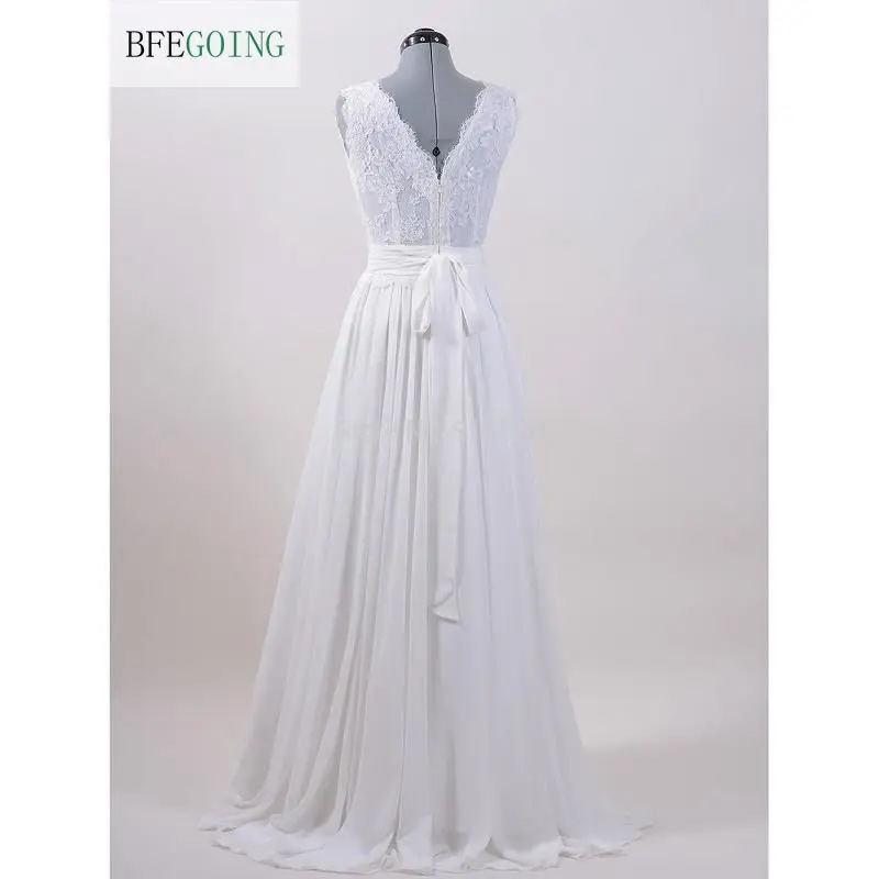 Novo chiffon a linha até o chão vestido de casamento vestido de noiva pérolas frisado rendas-appliques com decote em v faixa branco marfim feito sob encomenda