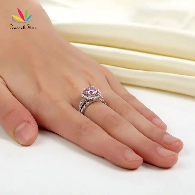 Peacock Star Solid 925 Sterling Silver Wedding Engagement Halo Ring Set 2 Ct Fancy Pink Wedding Jewelry CFR8220