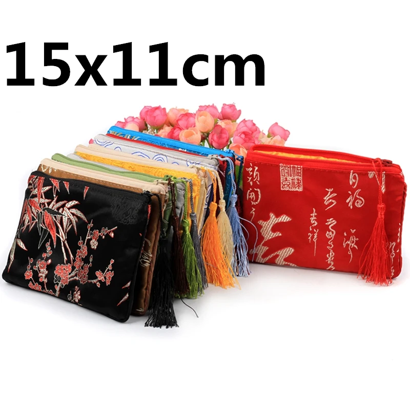 50pcs Thicken Chinese Silk Gift Bag Christmas Phone Pouches Tassel Zipper Coin Purse Party Favors Brocade Jewelry Packaging