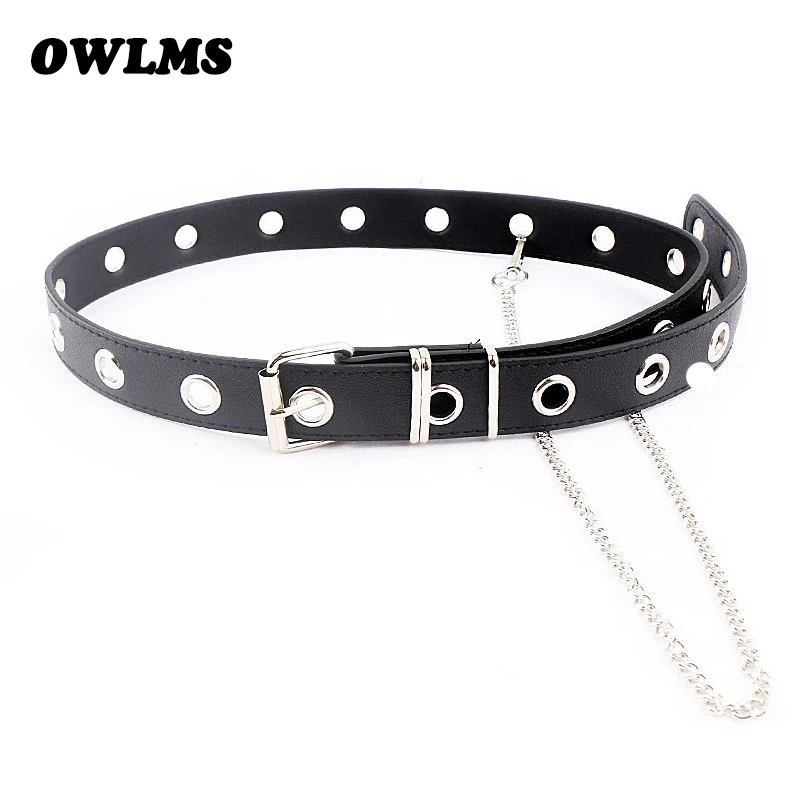 Women Belt Hollow Rivet Punk PU Leather Waist Strap belt Jeans student silver pin Buckle Belts With Chain Lady Fashion Waistband