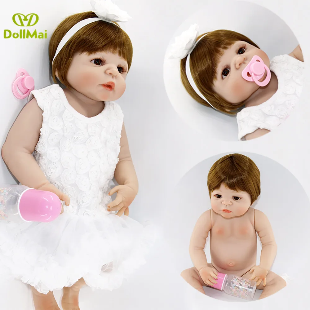 

NPK full silicone reborn baby doll 55cm lovely girl princess bebe reborn dolls light brown hair wig white dress bonecas