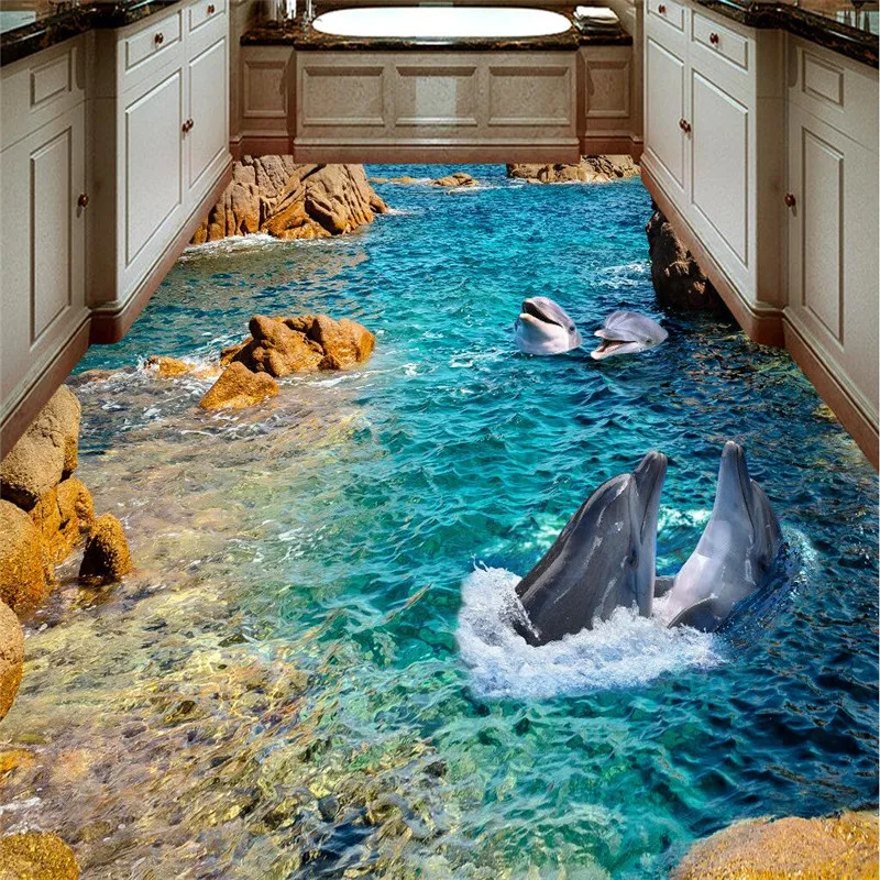 beibehang Modern sticker 3D floor mural HD stone dolphin coast non-slip waterproof thickened self-adhesive PVC Wallpaper floor