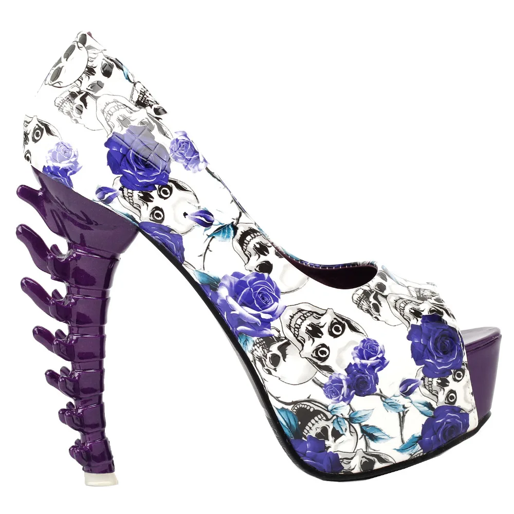 LF80629 Purple Skull Rose Peeptoe Platform Bone Heel Club Pumps