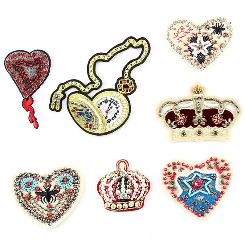 Crown Heart Applique Applications for Clothes Beaded Applique Handmade Stick-On Patch Beads Patch Clothing bag shose Application