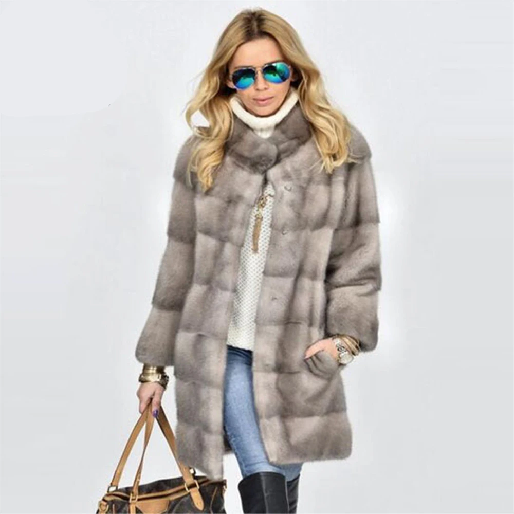 TOPFUR Winter Real Mink Fur Coat Women Natural Real Mink Fur Medium Coats Thick Warm Full Sleeves Coat Mandarin Collar Grey