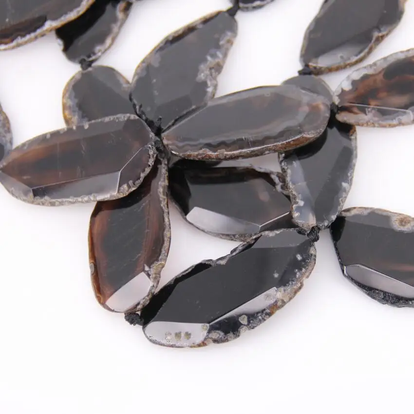 Approx 7PCS,Raw Natural Black Achate Long Faceted Slab Slice Beads Charm,Drilled Large Size Polished Achate in Random Shape