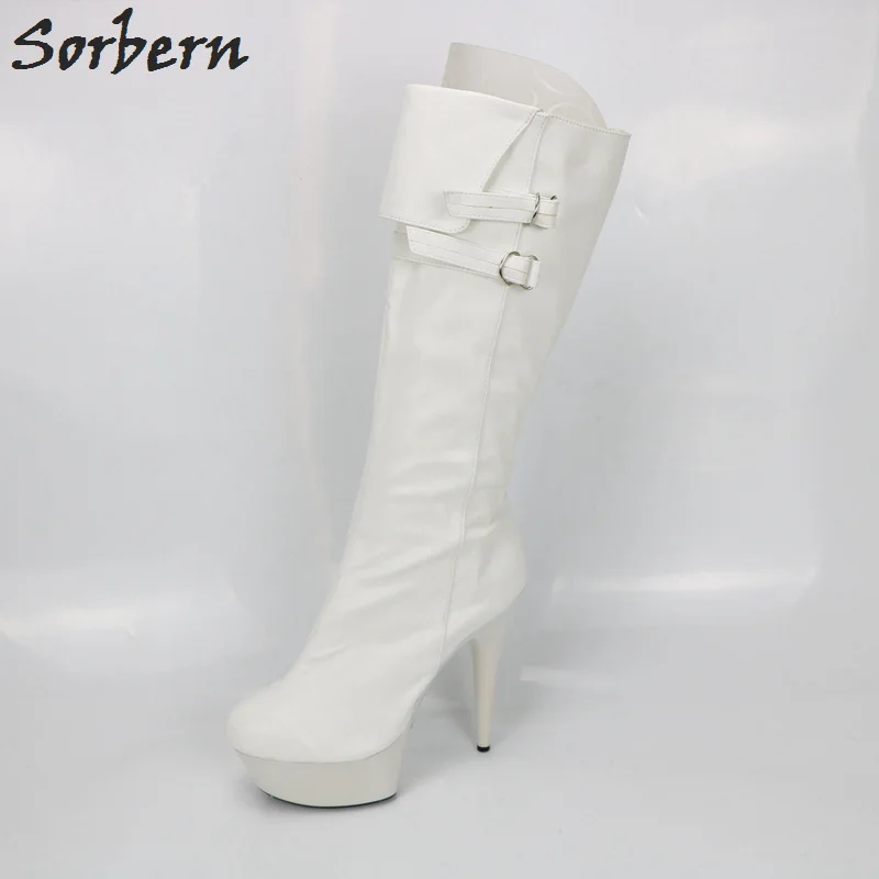 

Sorbern White Matt PU Mid Calf Boots Large Size 15CM High Heels Round Toe Punk Woman Shoe Zip UP Boots Size 40 Ladies Shoes