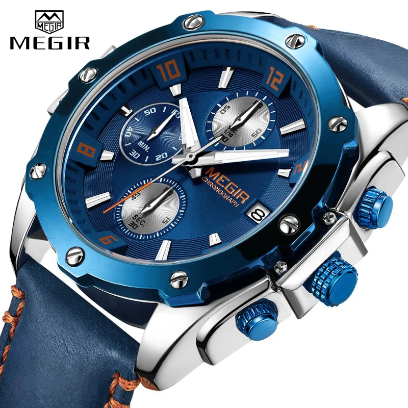 

Men's Army Military Wrist Watch MEGIR Men Luxury Blue Watch Leather Sports Watches Mens Business Waterproof Quartz Clock Relogio