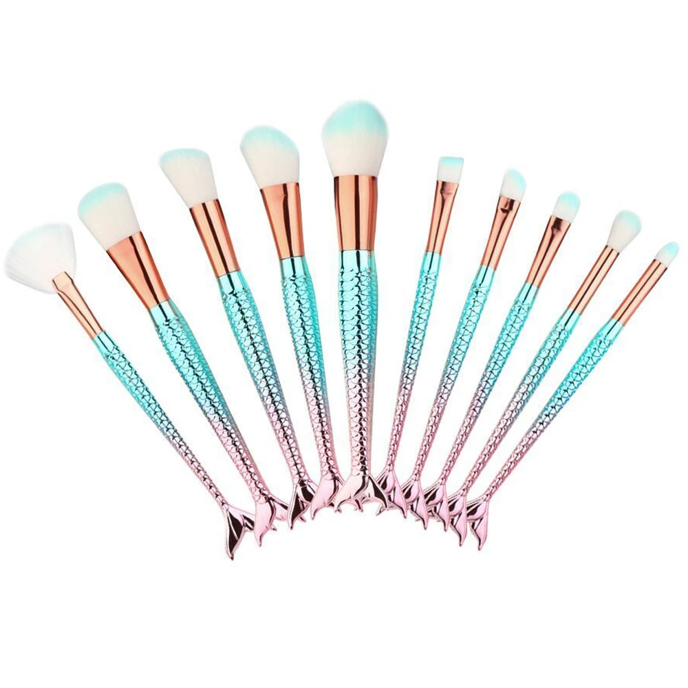 FOEONCO 10PCS/set Fish Scale Shape Mermaid Makeup Brushes Cosmetic Foundation Powder Eyebrow Make up Brushes Tools