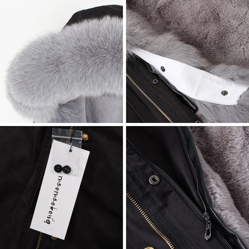 Maomaokong 2023 New Natural Fox Fur Woman's Long Inner Fur Coat Jacket Hooded Black Waterproof Woman Winter Warm Parkas Luxury