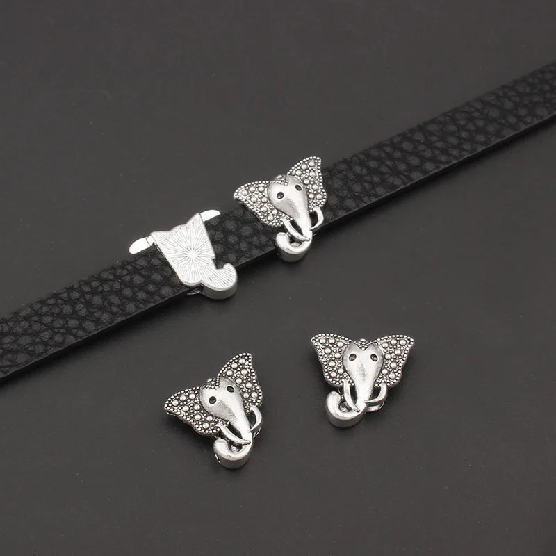 10pcs Tibetan Silver Elephant Head Sliders Spacers Beads For 10*2mm Flat Leather Cord Bracelet Jewelry Findings Making