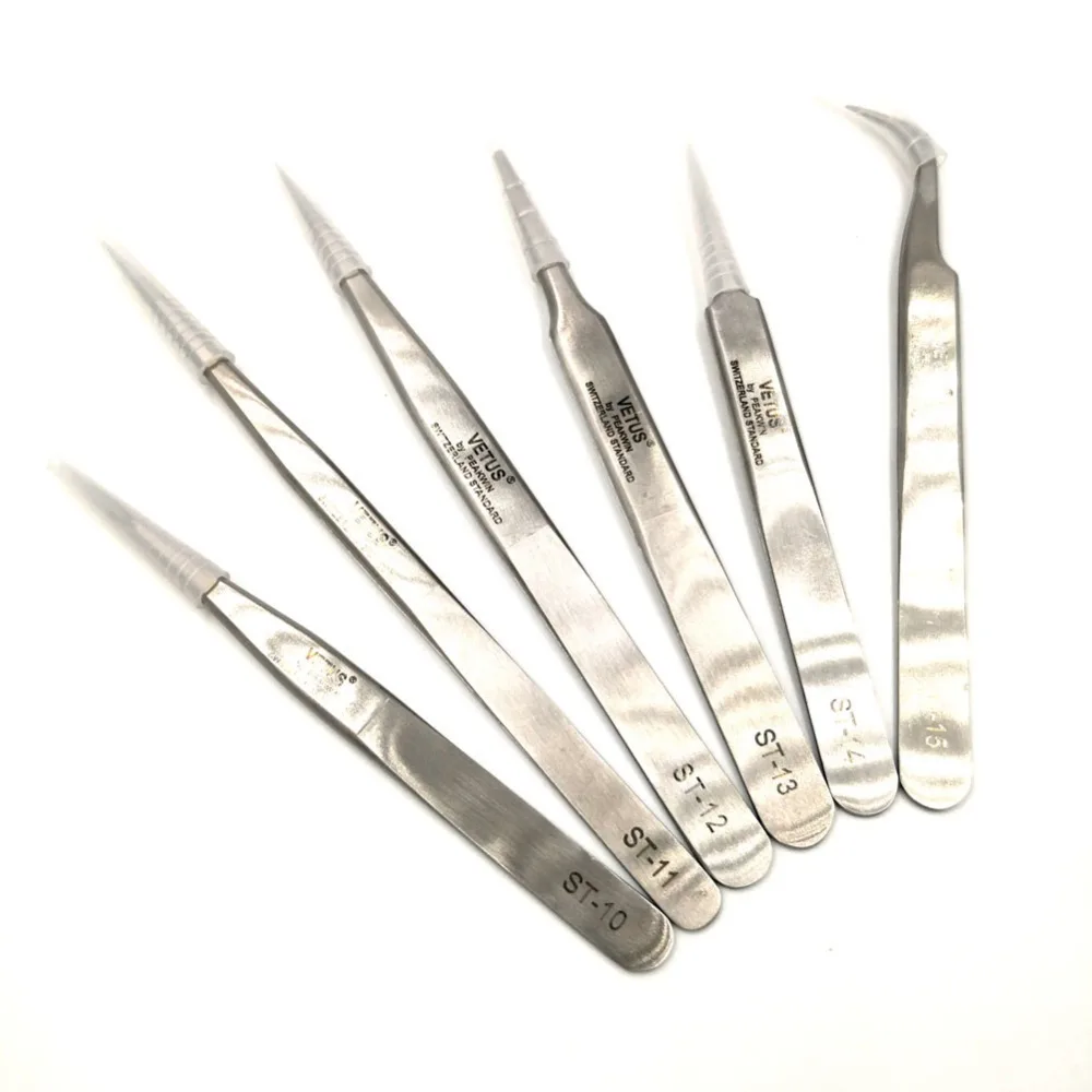 Pack of 6 VETUS ST Series Makeup Repair Tools Stainless Steel Tweezers Anti-Acid None Magnetic for False Eyelash Lab Clamping