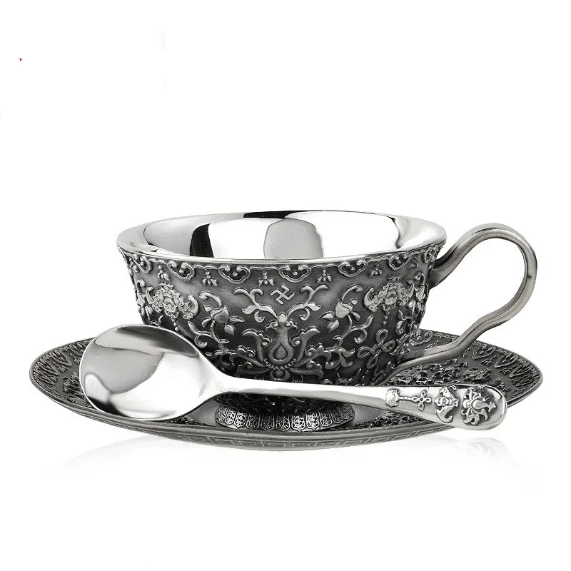 

High-grade sterling silver coffee cup set retro business 999 silver spoon dish set gift