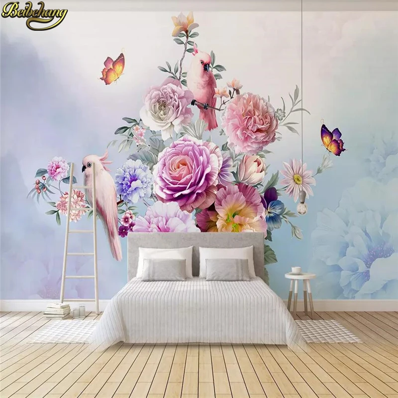 

beibehang Custom Hand drawn vintage rose parrot Wallpaper Murals for Living Room Sofa Background 3D Photo Mural wall paper roll