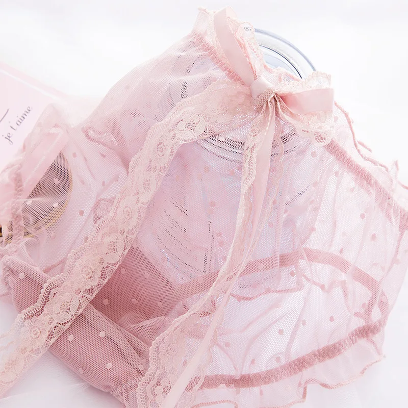 Dot Mesh Breathable Women Panties Sexy Hollow Transparent Female Underwear Bow Tie Ribbon Cute Lovely Lace Low Waist Breifs