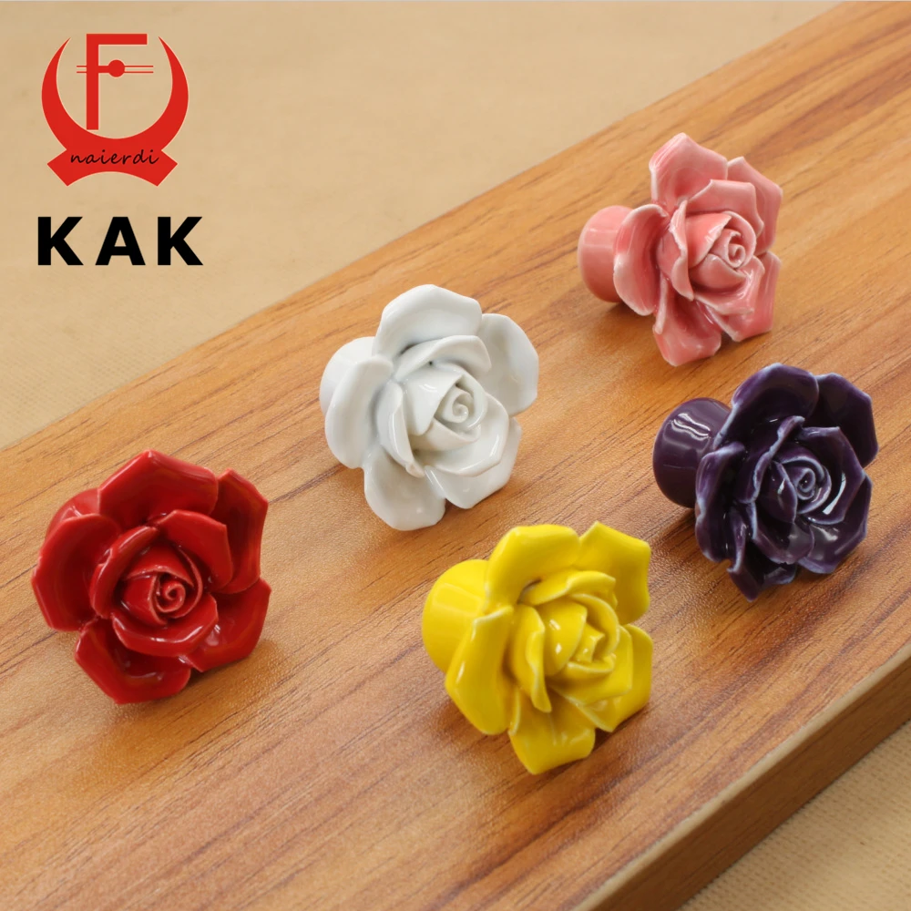 KAK Ceramic Flower Rose Drawer Knobs Rural Cabinet Cupboard handles 41mm diameter 34mm height Fashion Furniture Handles Hardware