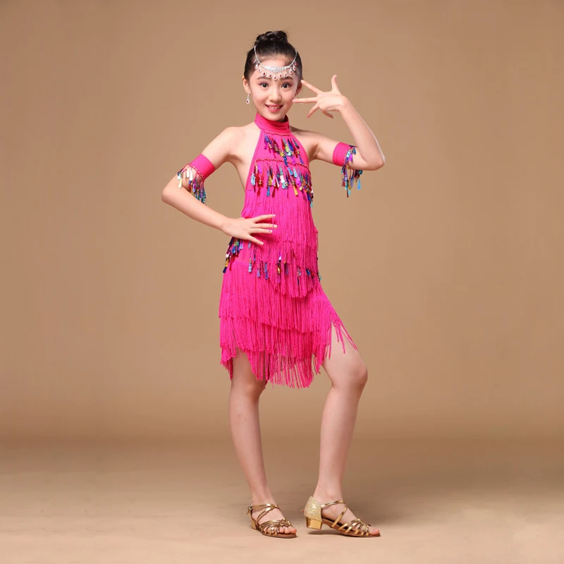 

8-15 Years Children Dance Outfit with Sleeves Colored Latin Dresses for Girls Backless Fringe Ballroom Latin Dress for Girls