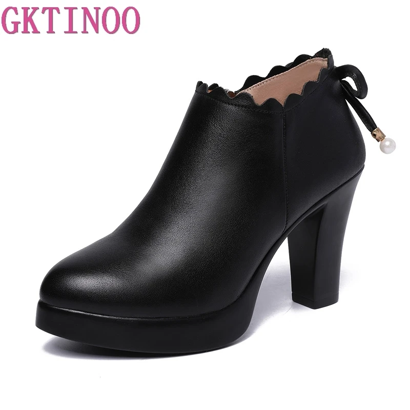 GKTINOO Women Leather Shoes Autumn Pointed Toe Platform Female Pumps Casual Square High Heels Ladies Single Shoes Plus Size